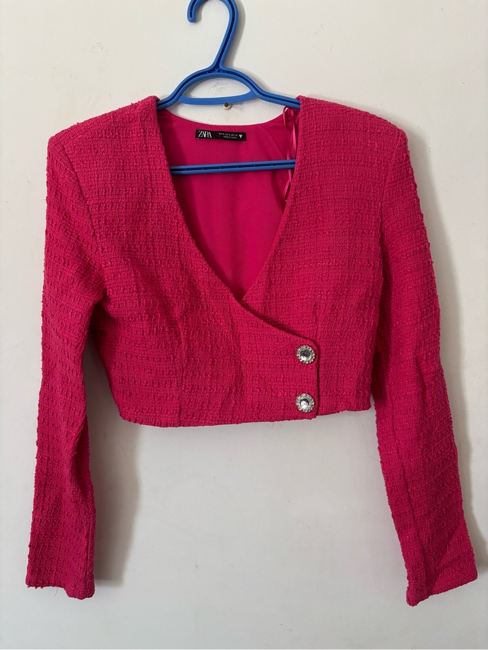 Zara Hot Pink Cropped Tweed Blazer with Crystal Buttons